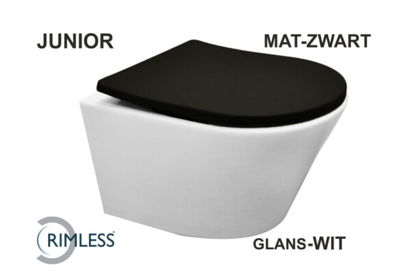 Vesta junior wandcloset rimless verkort glans wit Shade slim toiletzitting softclose en quick release mat zwart